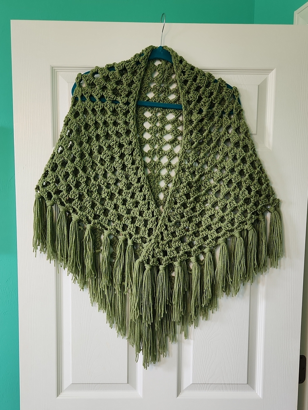 Handmade  SAGE Green Crochet Fringe Shawl